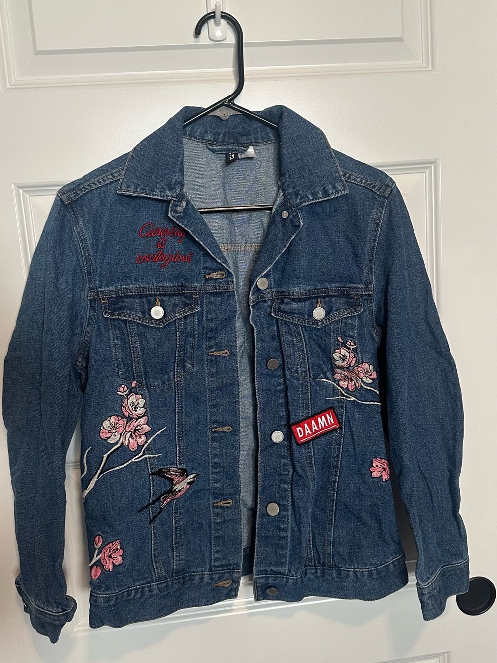 Divided Dark Blue Denim Jacket with Pink Floral & Bird Embroidery